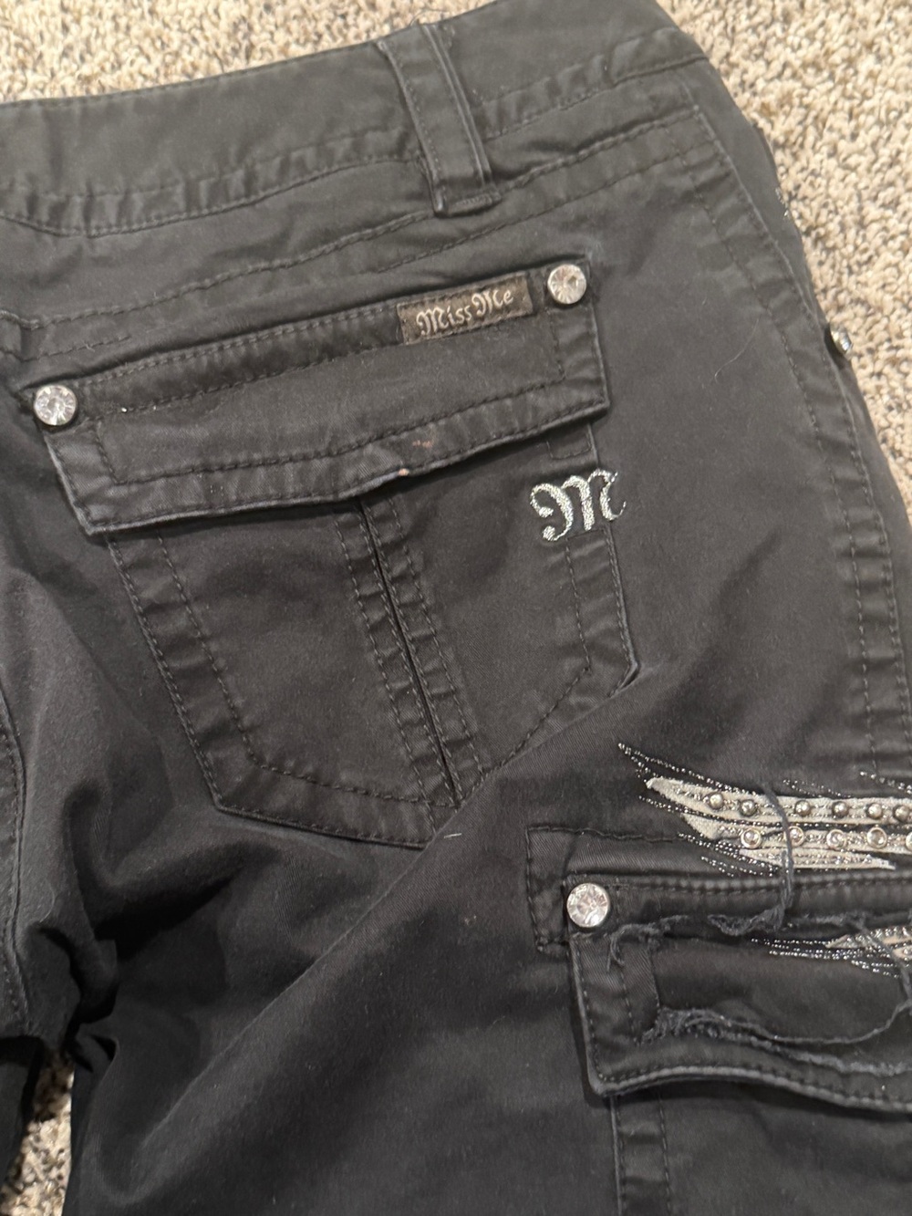 Miss Me Black Jeans with Rhinestone Wing and Embroidered M